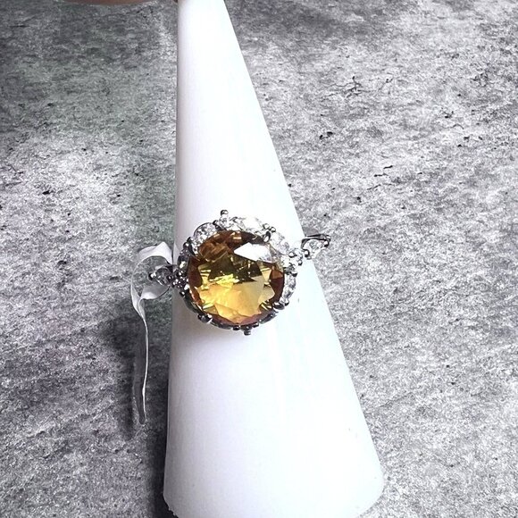 Ring Bomb Party Ring size 6 yellow round stone silver color band CZ like accents - Picture 11 of 11